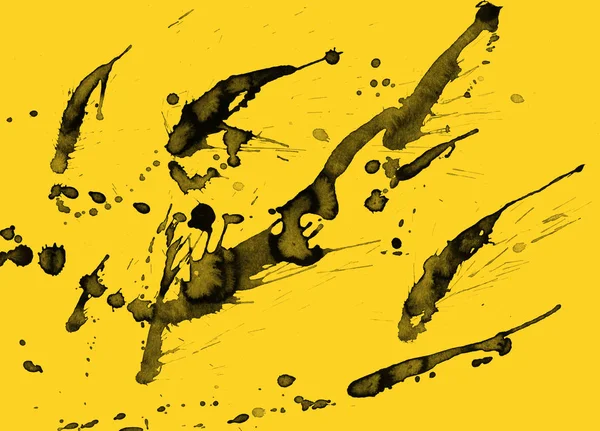 Pintura Preta Abstrata Espirra Textura Fundo Amarelo — Fotografia de Stock