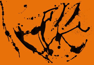 Soyut siyah boya doku turuncu zemin üzerine splatters