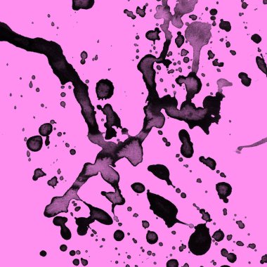 Soyut siyah boya doku pembe bir arka plan üzerinde splatters