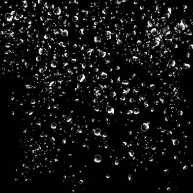 Siyah arka plan üzerine beyaz su kabarcıkları izole. Su damla yağmur. Sualtı oksijen.