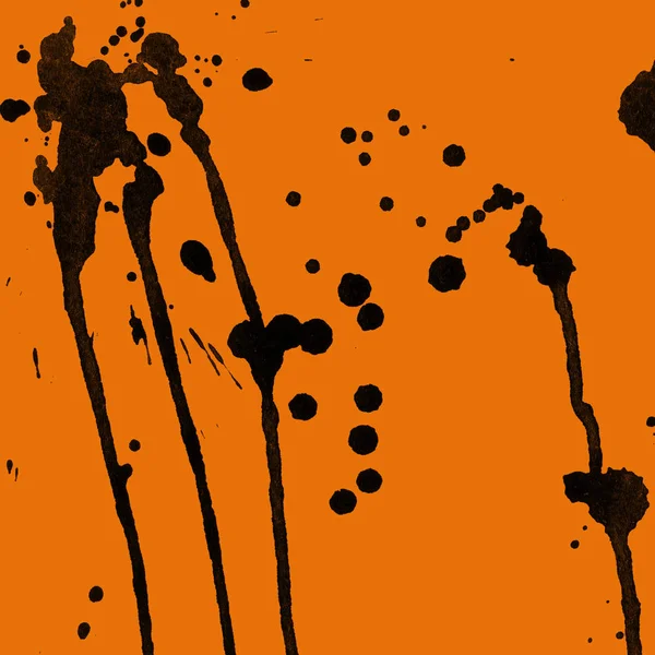 Abstrakcja Czarny Farba Splatters Tekstury Pomarańczowym Tle — Zdjęcie stockowe