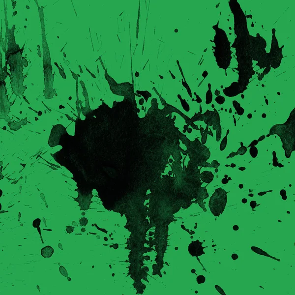 Absztrakt Fekete Festék Splatters Zöld Háttér Textúra — Stock Fotó