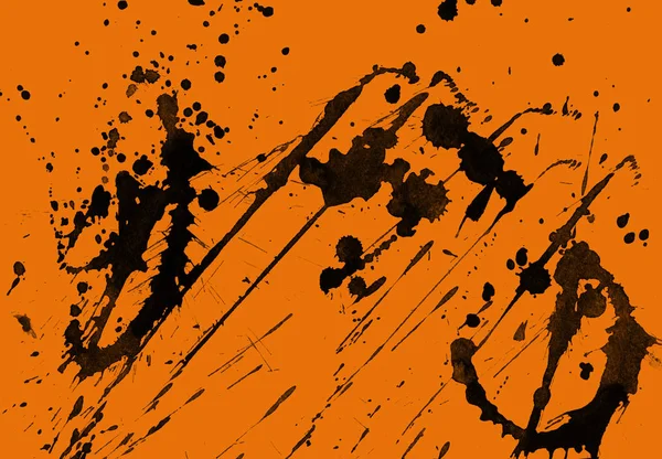 Abstrakte Schwarze Farbspritzer Textur Auf Orangefarbenem Hintergrund — Stockfoto