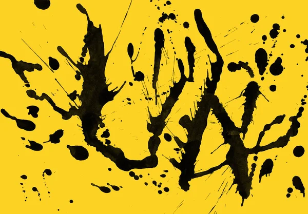 Αφηρημένο Μαύρο Χρώμα Splatters Υφή Κίτρινο Φόντο — Φωτογραφία Αρχείου