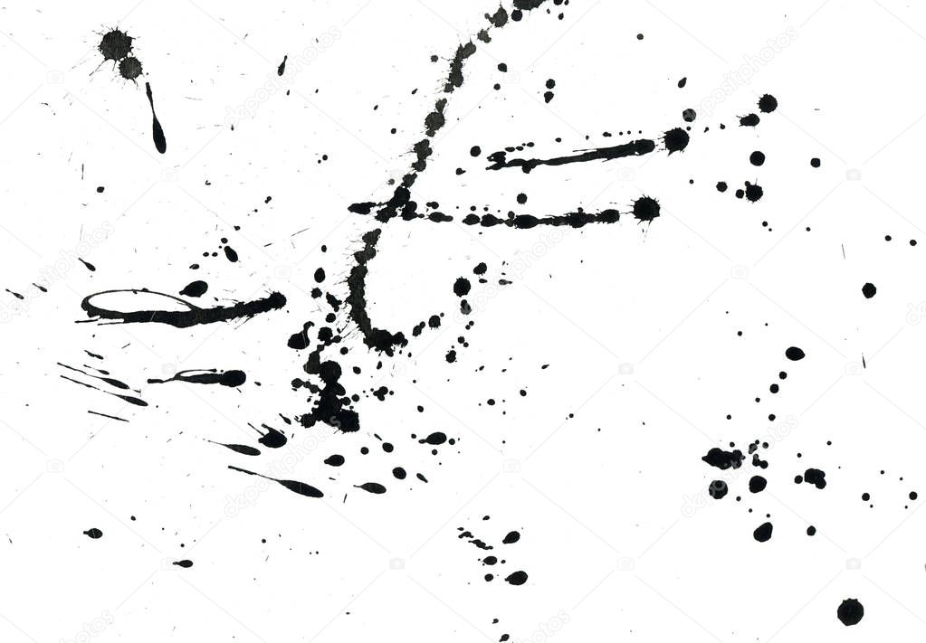 abstract black paint splatters texture on white background