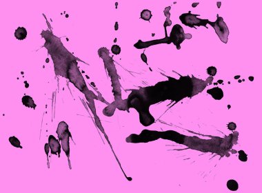 Soyut siyah boya doku pembe bir arka plan üzerinde splatters