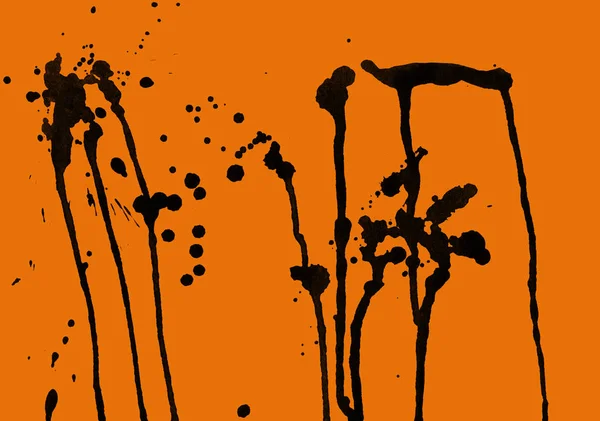 Astratto Vernice Nera Schizza Texture Sfondo Arancione — Foto Stock