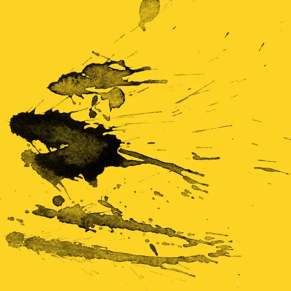 Absztrakt Fekete Festék Splatters Sárga Háttér Textúra — Stock Fotó