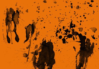 Soyut siyah boya doku turuncu zemin üzerine splatters