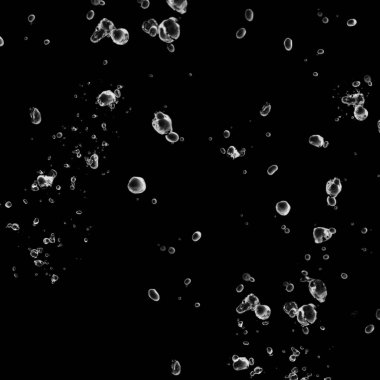 Siyah arka plan üzerine beyaz su kabarcıkları izole. Su damla yağmur. Sualtı oksijen.