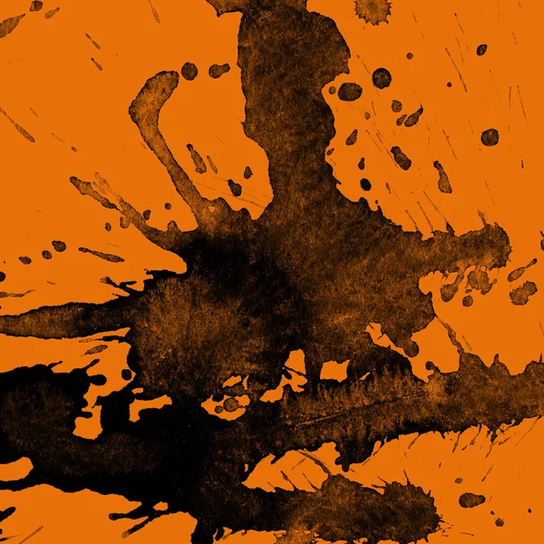 Absztrakt Fekete Festék Splatters Textúra Narancssárga Háttér — Stock Fotó