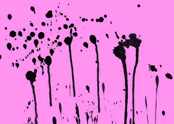 Soyut Siyah Boya Doku Pembe Bir Arka Plan Üzerinde Splatters — Stok fotoğraf