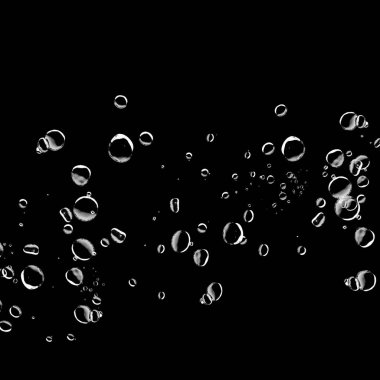 Siyah arka plan üzerine beyaz su kabarcıkları izole. Su damla yağmur. Sualtı oksijen.