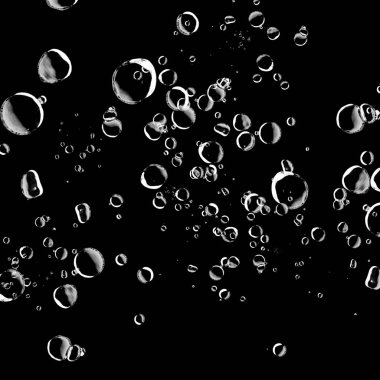 Siyah arka plan üzerine beyaz su kabarcıkları izole. Su damla yağmur. Sualtı oksijen.