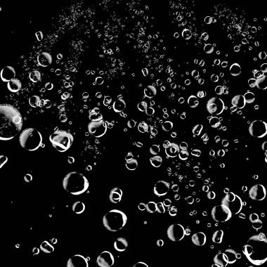 Siyah arka plan üzerine beyaz su kabarcıkları izole. Su damla yağmur. Sualtı oksijen.