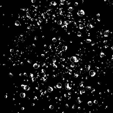 Siyah arka plan üzerine beyaz su kabarcıkları izole. Su damla yağmur. Sualtı oksijen.