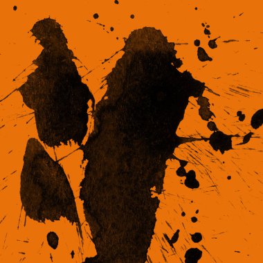 Soyut siyah boya doku turuncu zemin üzerine splatters