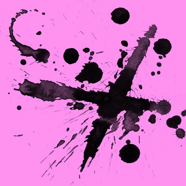 Absztrakt Fekete Festék Splatters Textúra Rózsaszín Háttér — Stock Fotó