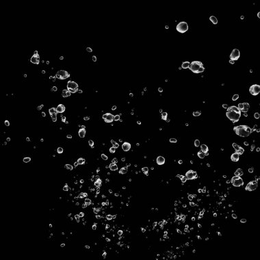 Siyah arka plan üzerine beyaz su kabarcıkları izole. Su damla yağmur. Sualtı oksijen.