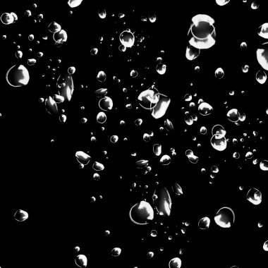 Siyah arka plan üzerine beyaz su kabarcıkları izole. Su damla yağmur. Sualtı oksijen.