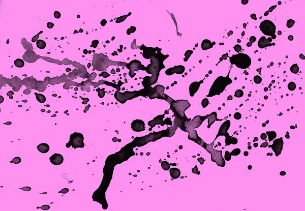 Absztrakt Fekete Festék Splatters Textúra Rózsaszín Háttér — Stock Fotó