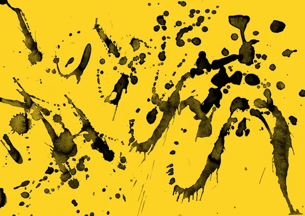 Pintura Preta Abstrata Espirra Textura Fundo Amarelo — Fotografia de Stock