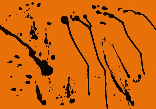 Abstrait Noir Peinture Éclaboussures Texture Sur Fond Orange — Photo