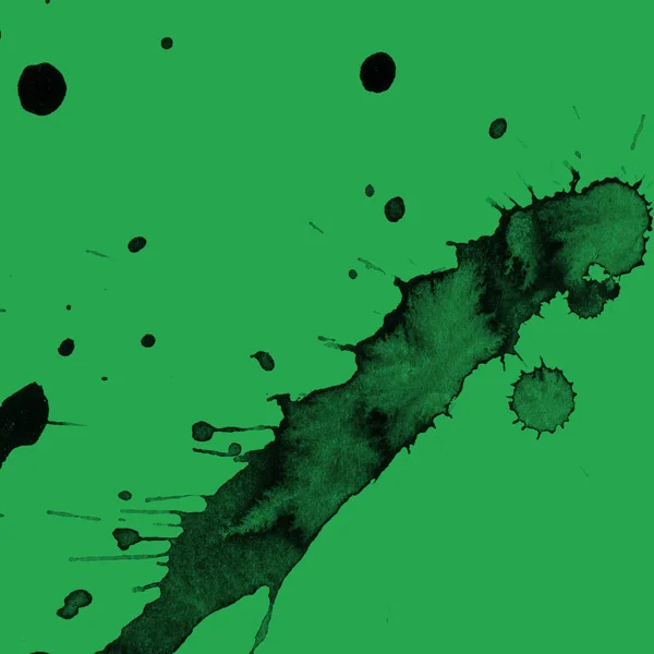 Pintura Preta Abstrata Espirra Textura Fundo Verde — Fotografia de Stock