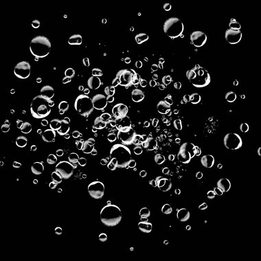 Siyah arka plan üzerine beyaz su kabarcıkları izole. Su damla yağmur. Sualtı oksijen.