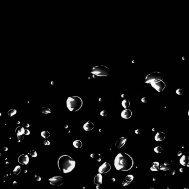 Siyah arka plan üzerine beyaz su kabarcıkları izole. Su damla yağmur. Sualtı oksijen.