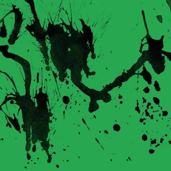 Absztrakt Fekete Festék Splatters Zöld Háttér Textúra — Stock Fotó