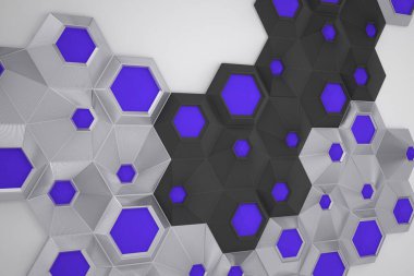 Renkli altıgen üç boyutlu soyut arkaplan. Arı hücreleri bal peteği dokusu. Üç boyutlu canlandırma çizimi.