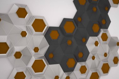 Renkli altıgen üç boyutlu soyut arkaplan. Arı hücreleri bal peteği dokusu. Üç boyutlu canlandırma çizimi.