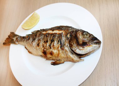 Beyaz tabakta Dorada balık ızgara