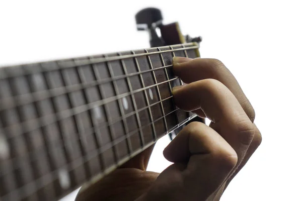 Primer Plano Mano Del Guitarrista Guitarra Clásica Enfoque Selectivo Profundidad — Foto de Stock