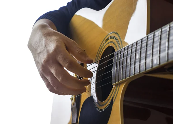 Primer Plano Mano Del Guitarrista Guitarra Clásica Enfoque Selectivo Profundidad — Foto de Stock