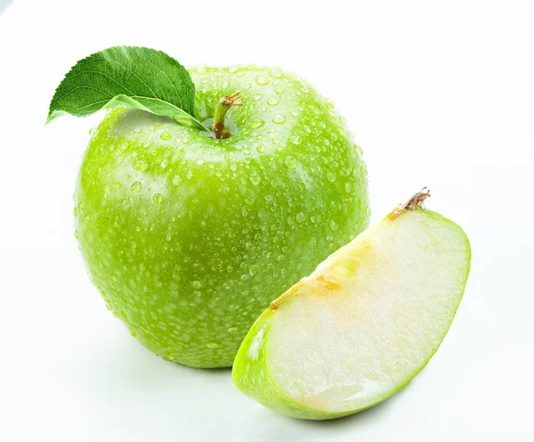 Manzana Verde Con Rebanada Aislada Fondo Blanco — Foto de Stock