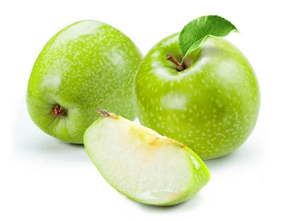 Zelené Jablko Bílým Pozadím Plátek Samostatný — Stock fotografie
