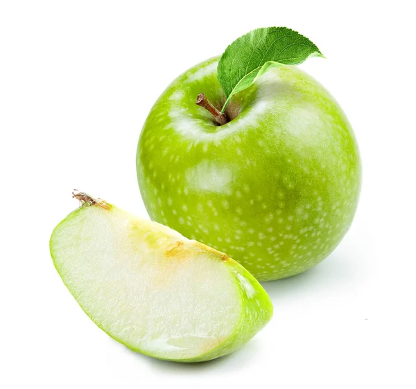 Manzana Verde Con Rebanada Aislada Fondo Blanco — Foto de Stock