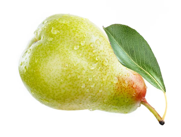 Pera Con Hoja Gota Agua Aislado Fondo Blanco — Foto de Stock