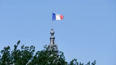 Paris'te, yaz aylarında. Fransız grand palace (Paris Müzesi) yanında Seine üzerinde sinekler bayrak. Mavi gökyüzü. Uzun odak uzaklığı. Bir ağacın altında bayrağı vardır.