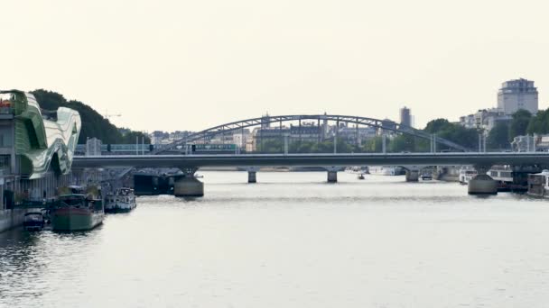 在夏天 在晚上 地铁离开奥斯特里茨站 通过高架桥过河 塞纳河 — 图库视频影像