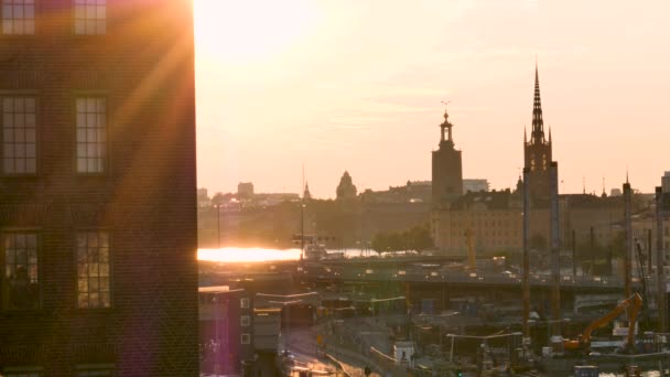 Αστικό Τοπίο Της Στοκχόλμης Οπίσθιου Φωτισμού Πρώτο Πλάνο Μπορούμε Δούμε — Αρχείο Βίντεο