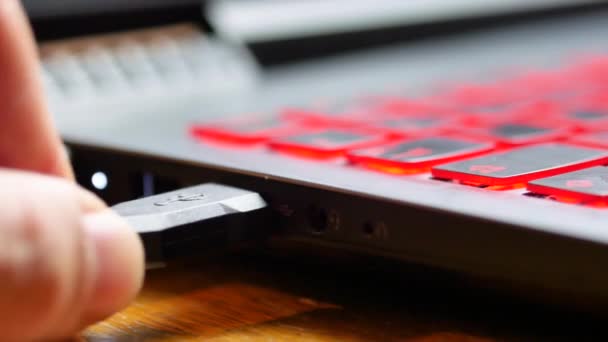 Connexion d'une clé USB à un ordinateur portable de jeu doté d'un clavier avec des lumières rouges. La fiche est également de couleur rouge .