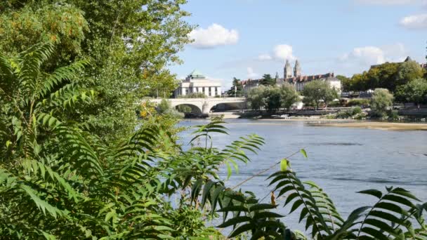 トゥール フランスの街の風景 前景に ロワール川があるし 背景には ウィルソン橋 街の大聖堂で最古の橋 — ストック動画