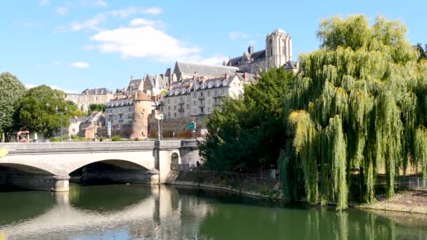 Oude Stad Van Mans Rivier Van Sarthe Kathedraal Achtergrond Mans — Stockvideo