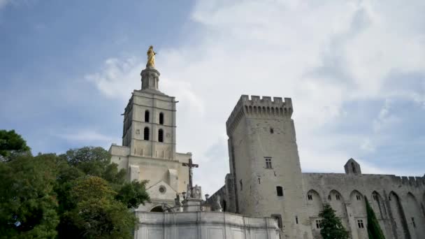 教皇宫殿的时间流逝 位于法国南部阿维尼翁的一座历史宫殿 它是欧洲最大和最重要的中世纪的哥特式建筑之一 云彩在后面移动 — 图库视频影像