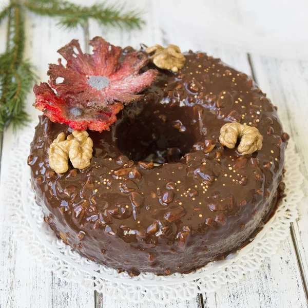 Gâteau Traditionnel Aux Fruits Noël Pudding Chocolat Glacé Décoré Noix — Photo