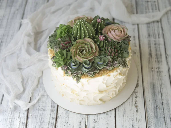 화이트 패브릭과 바탕에 Succulents 케이크 공간을 클로즈업 평면도 — 스톡 사진