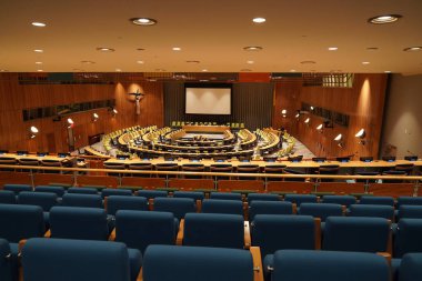 NEW YORK, USA - MAY 25 2018 - United Nations trusteeship council hall; headquartered in a complex designed by architect Oscar Niemeyer open to public clipart